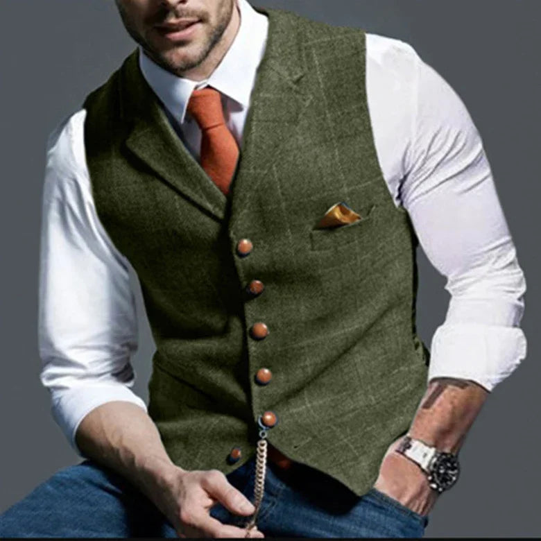 Men's Casual Classic Suit Vest Retro Herringbone Lapel Cotton Blended Tweed Slim Business Commuter Suit Lined Vest S-3XL