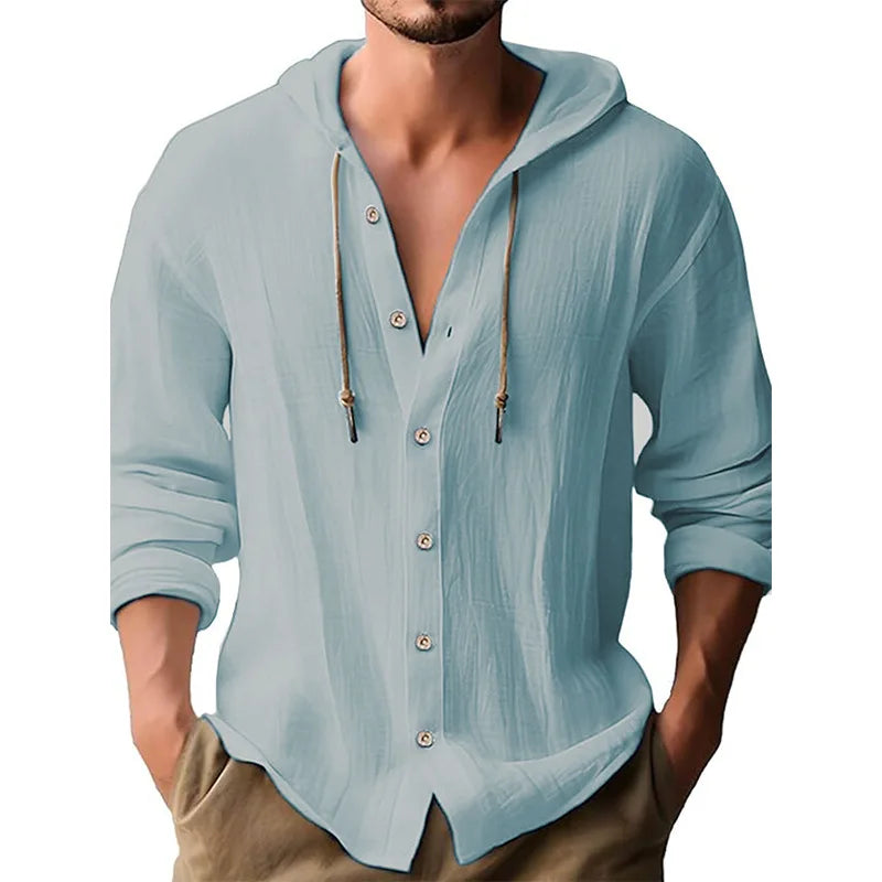 Men's Beach Casual Shirts Cotton Linen Hooded Long Sleeve Shirt Man Fashion Loose Solid Button Cardigan Streetwear Tops Clothing