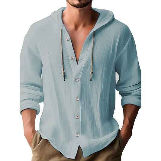 Men's Beach Casual Shirts Cotton Linen Hooded Long Sleeve Shirt Man Fashion Loose Solid Button Cardigan Streetwear Tops Clothing