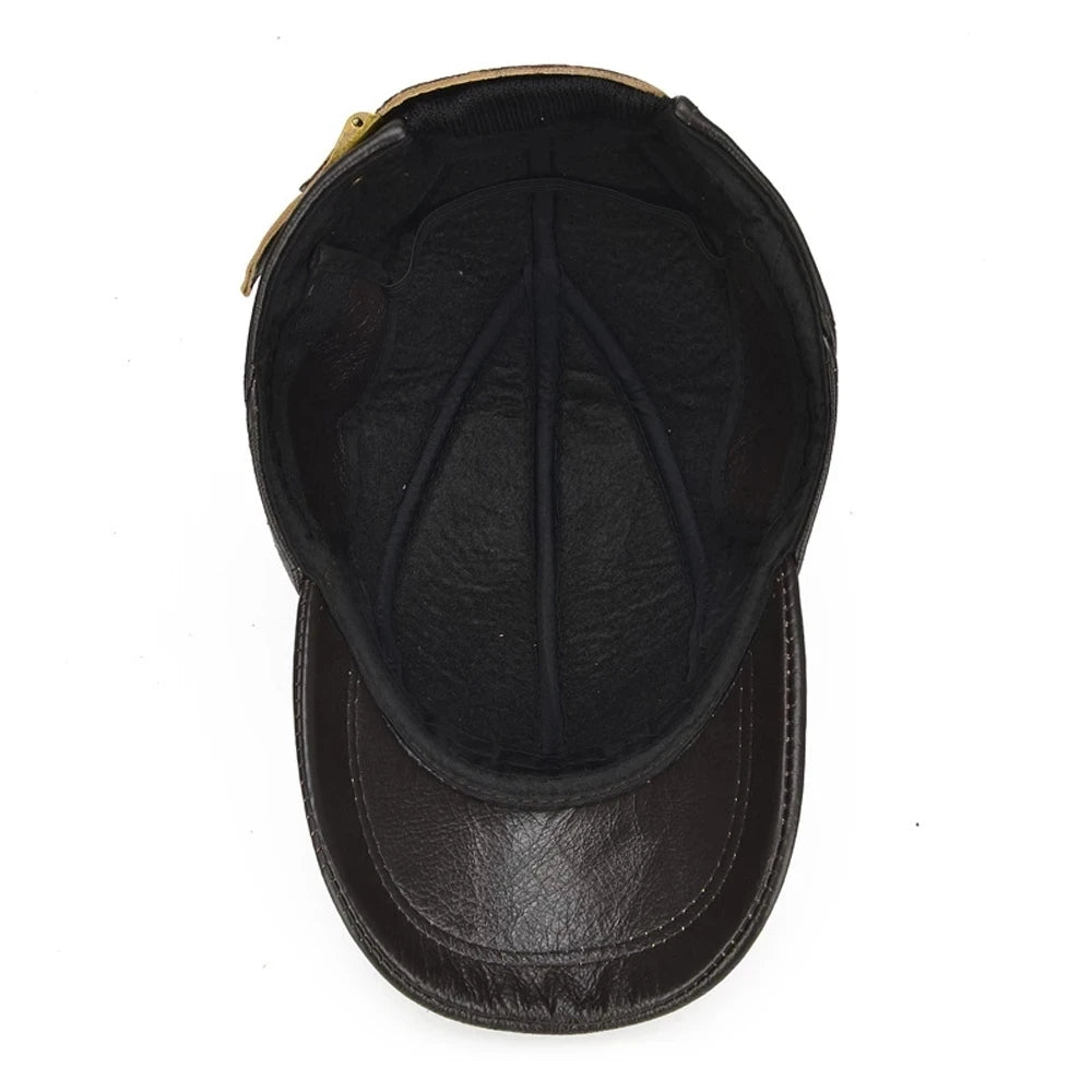 Hot Sale Casual Real Leather Earflap Cap Men's Real Cowhide Leather Caps Male Fall Winter Genuine Real Cow Leather Baseball Hats