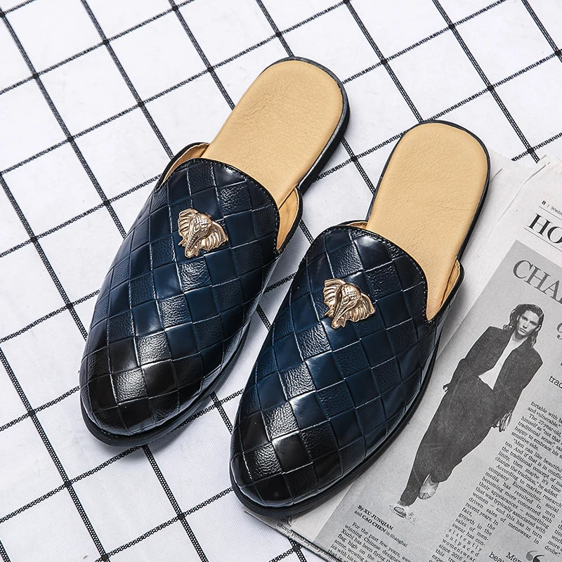2024 New Luxury Designer Men's Casual Bling Leather Loafers Italian for Men Half Shoes Mules Male Black Slides Business Slippers