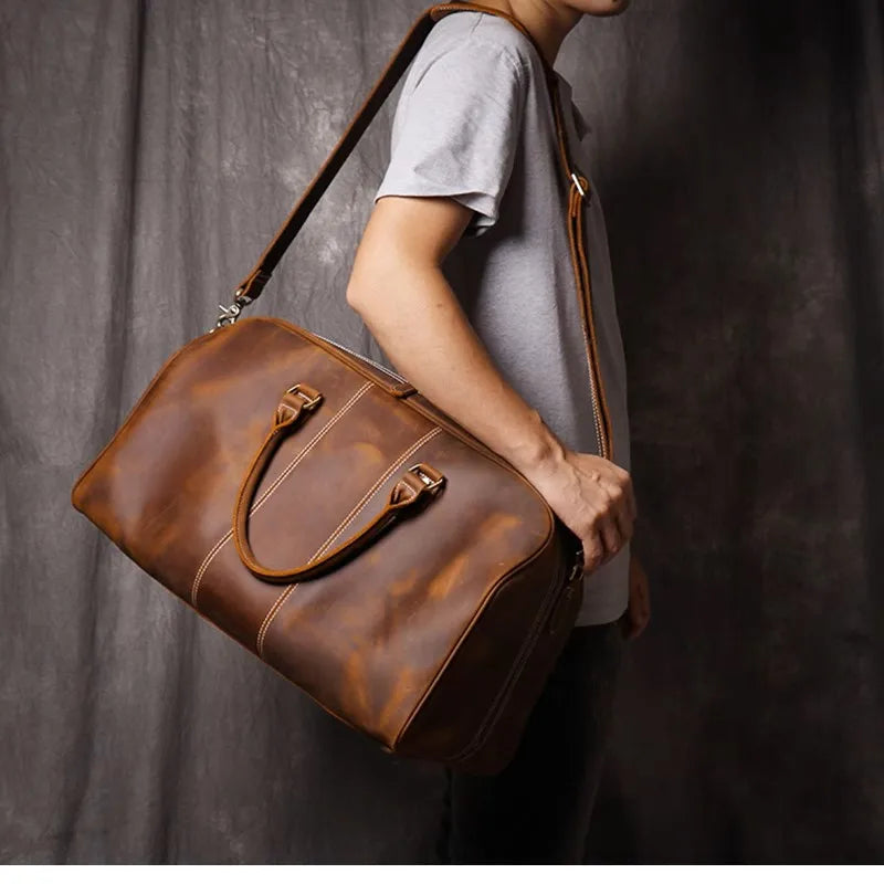 Leathfocus Men's Head Cowhide Travel Tote Crazy Horse Leather Crossbody Bag Women Camping Luggage Bag 14" Laptop Travel Bag