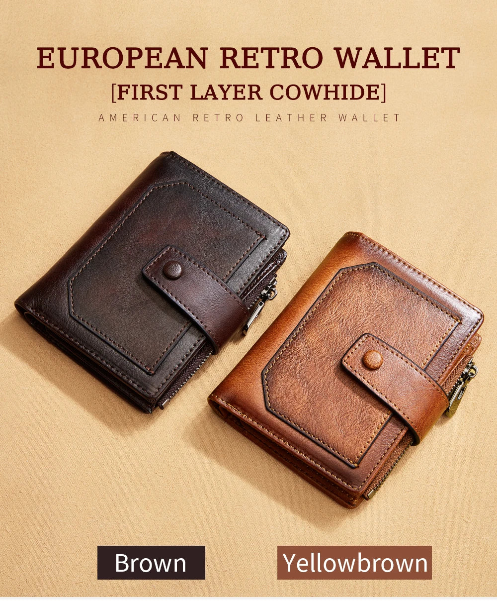 Vintage 100% Genuine Leather Men's Wallet RFID Blocking Trifold Short Multi Function Money Clip Large Capacity Zipper Coin Purse