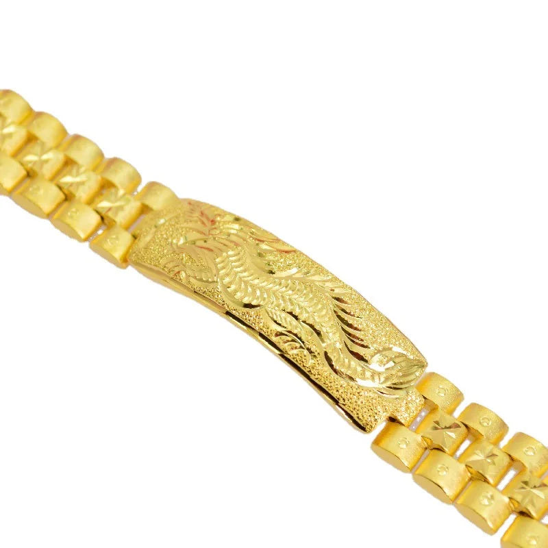 Real 18K Gold Color Dragon Flower Bracelet for Women Men Chain Pure Golden Plated Bracelet Bangle Fine Jewelry Gifts