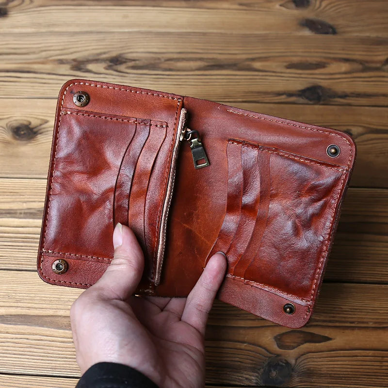 Retro Handmade Leather Wallet for Ladies Top Layer Cowhide Men's Short Wallet Wiping Color Buckle Bag Vertical Credit Card Bag