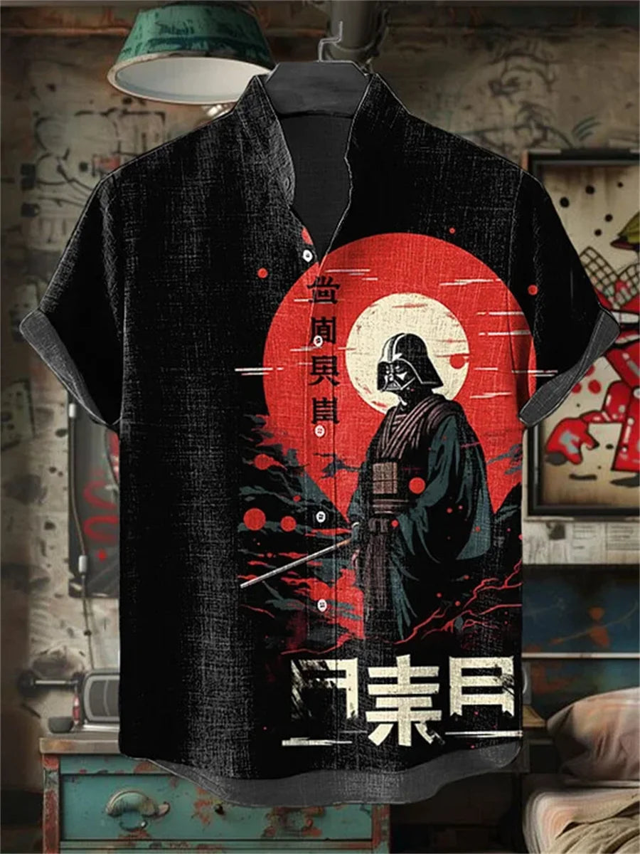 Men's short-sleeved shirt with samurai print and stylish ink painting design, summer casual men's top, trendy retro streetwear.