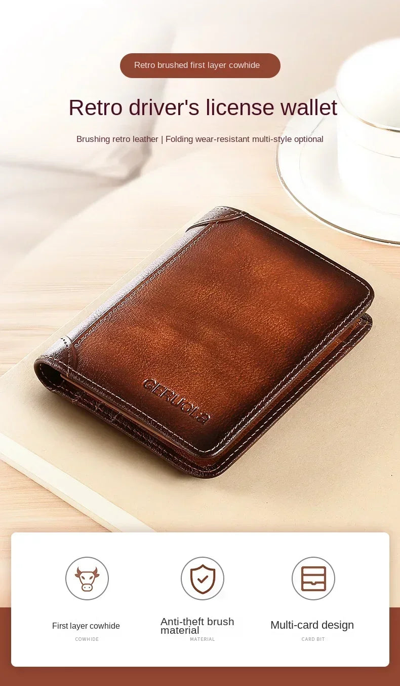 Men Wallet Genuine Leather Rfid Blocking Trifold Wallet Vintage Thin Short Multi Function ID Credit Card Holder Male Purse Money