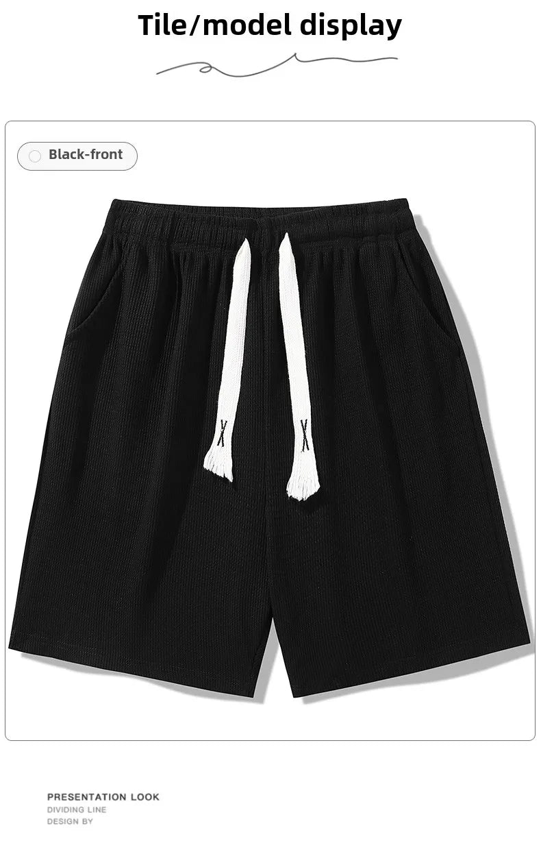 Sports shorts for men in summer  thin ice silk quick drying five quarter pants  fashionable waffle style drawstring shorts
