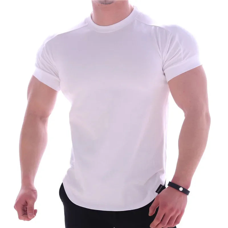 NEW Men Summer T Shirts High Elastic Slim Fit T shirt Men Quick-drying Curved Hem Mens T-Shirts Fitness casual Solid Color tops