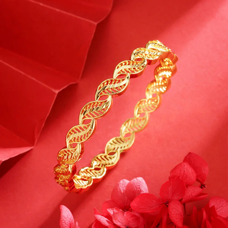 Goldpure Luxury 24K 9999 Pure Gold real gold Women's Leaf Bracelet Hollow Twist Buckle Bracelet