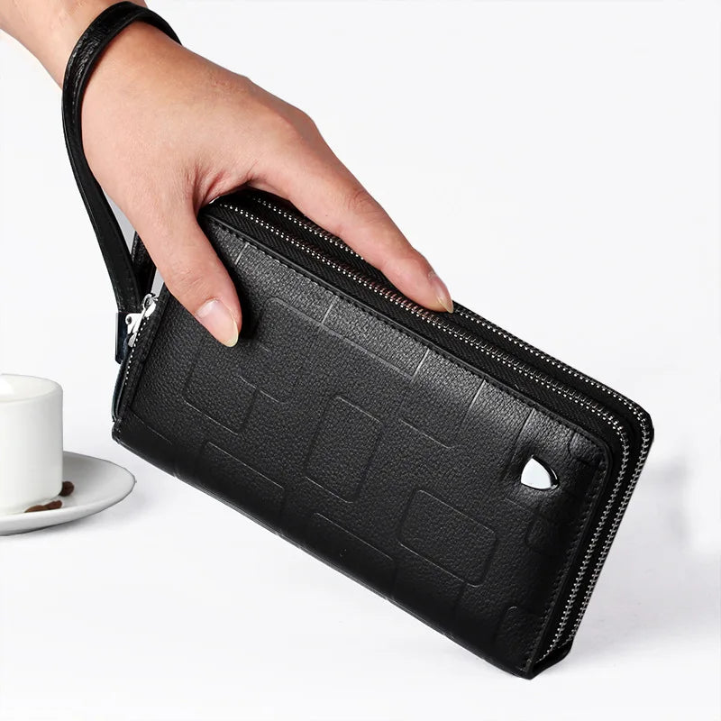 Men's Leather Long Wallet Double Zipper Clutch Purse with Wrist Strap Geometric Pattern Card Holder Organizer for Business