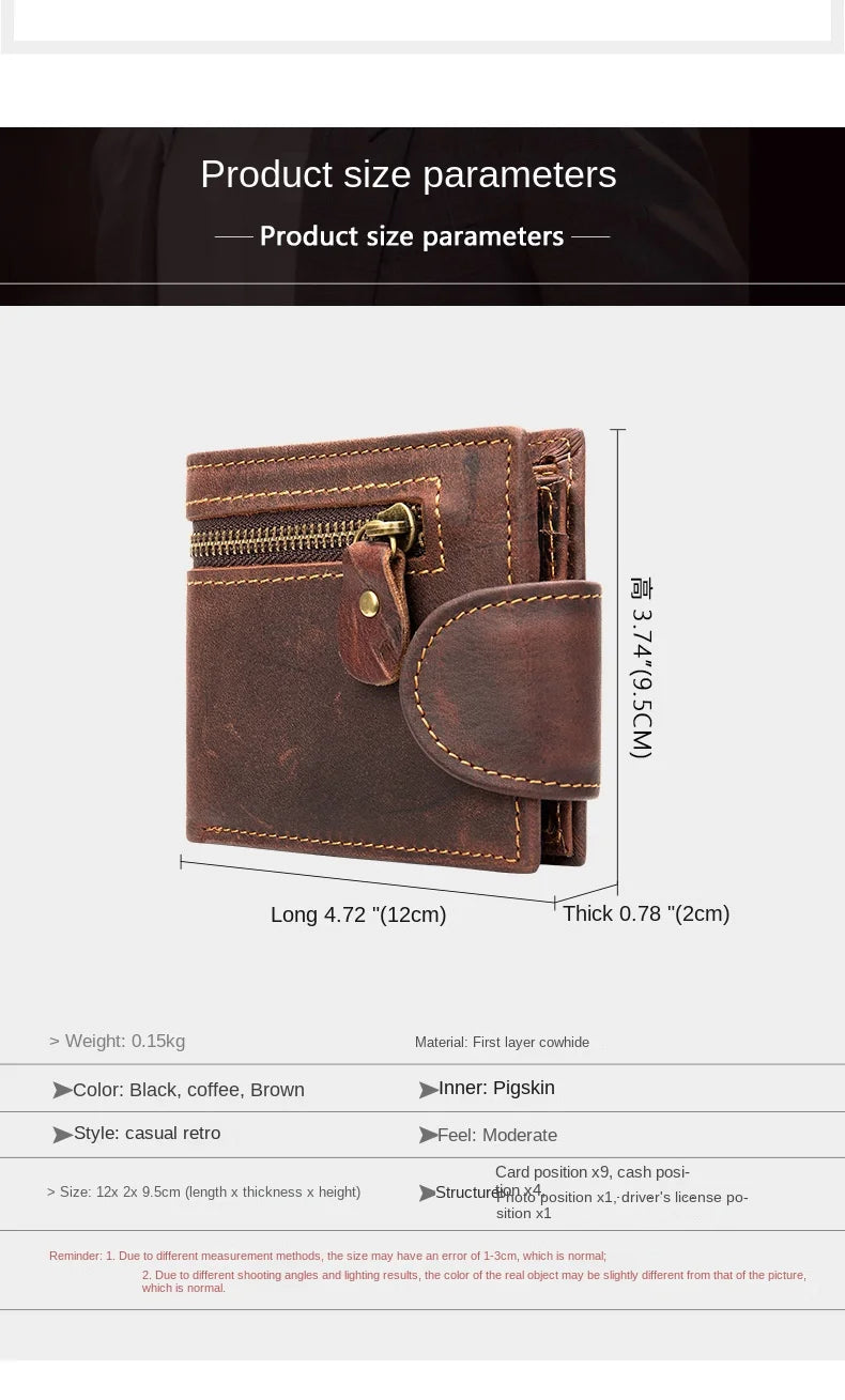 Men's Crazy Horse Leather Short Wallet Genuine Leather Buckle Wallet Vintage Top Layer Cowhide Card Holder Multi-Card  Wallet