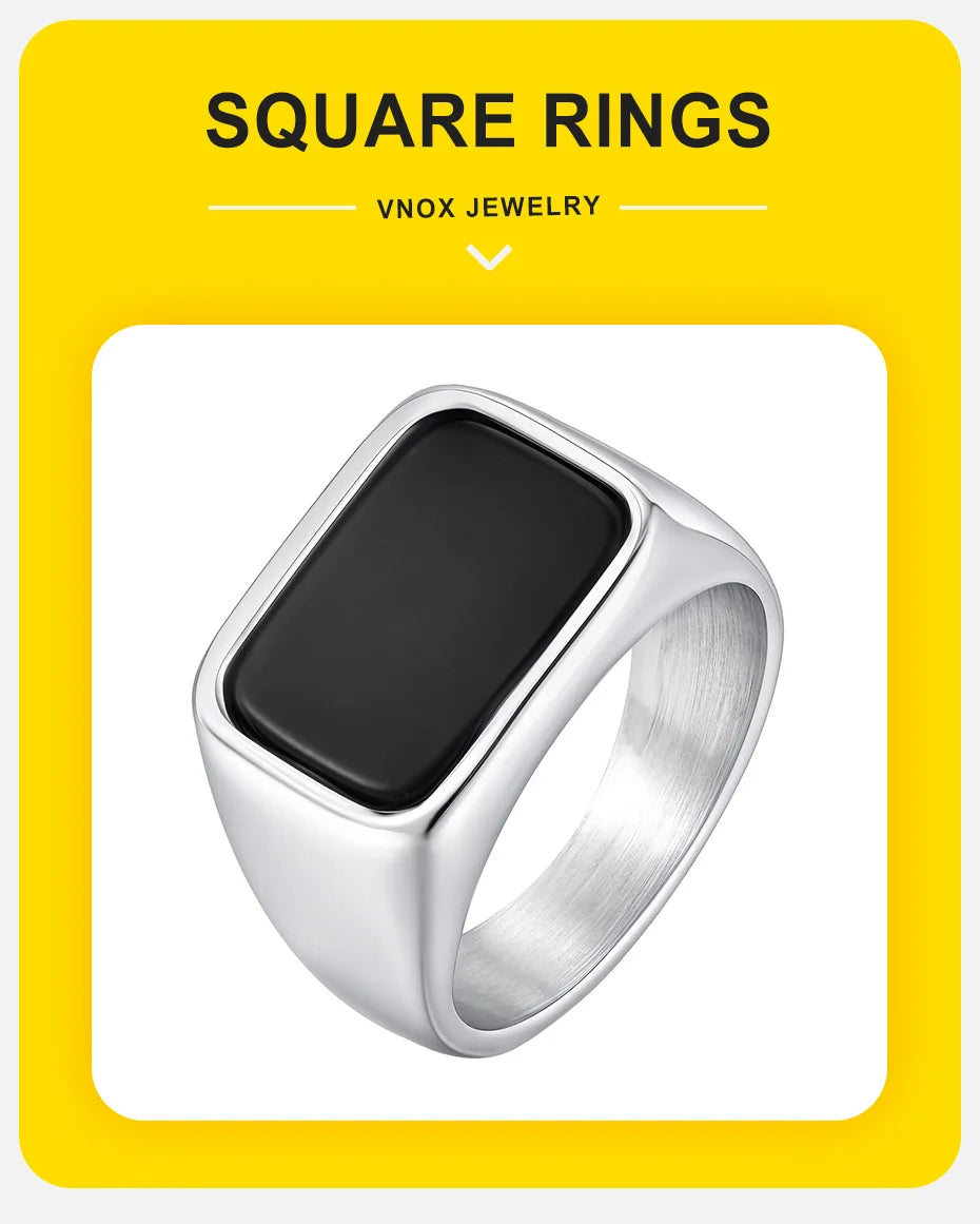 Vnox Men's Stainless Steel Geometric Glass Stone Signet Ring, 12.8mm Width Size 7-12 Waterproof Rectangle Top Ring Gift for Men‌