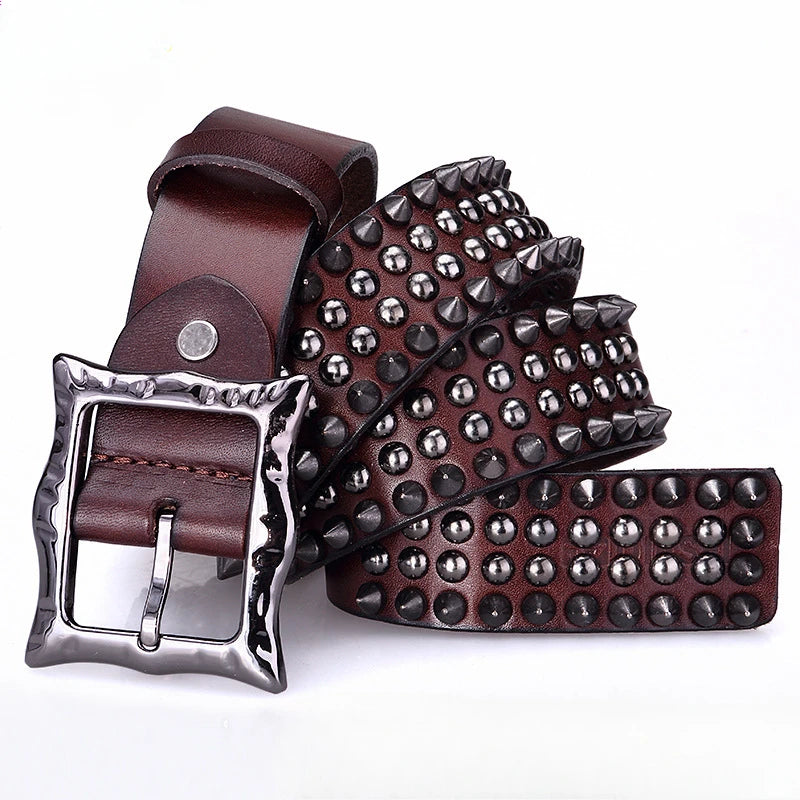 Men Belt Genuine Leather Heavy Metal Rivet Punk Belts For Men Rock Stud Cowboy Men Ceinture Homme Waist Belt Cinturon Mujer