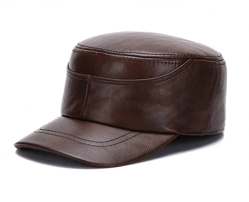 New Real Cow Leather Flat Cap Earflap Cap Men Real Leather Hats Fall Winter male 100% Genuine Real Cowhide Leather Military Caps