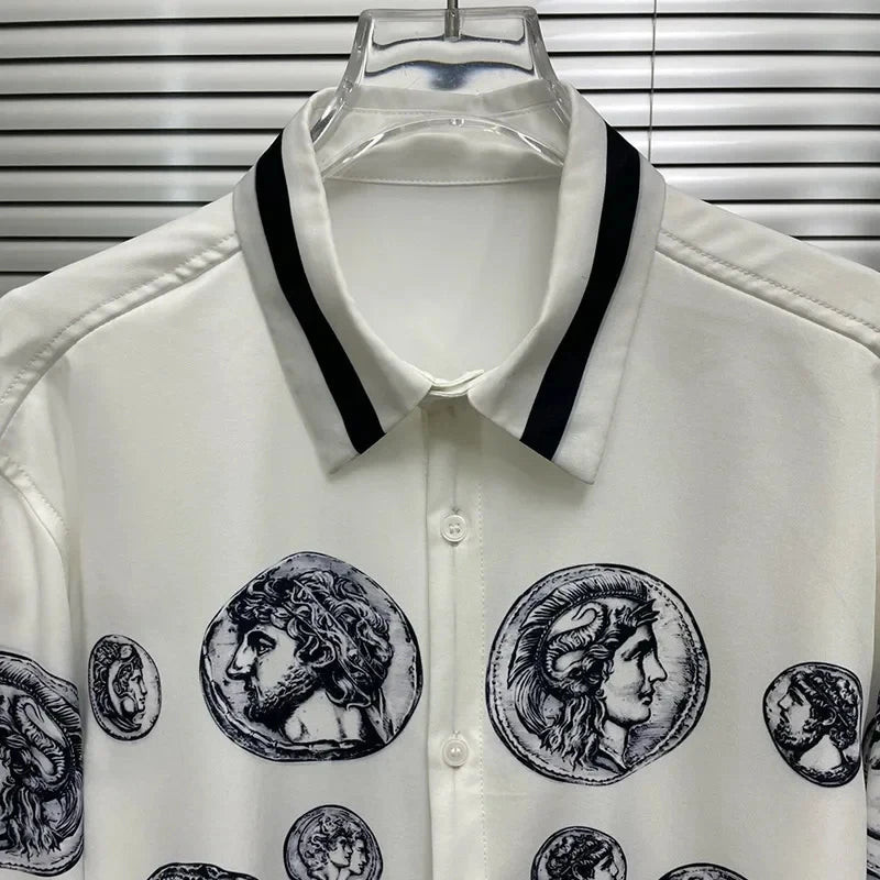 Men's shirt Vintage Character print 2025 Spring / Autumn Loose Version Classic Long-sleeved Lapel Fashion and leisure Top S-5XL