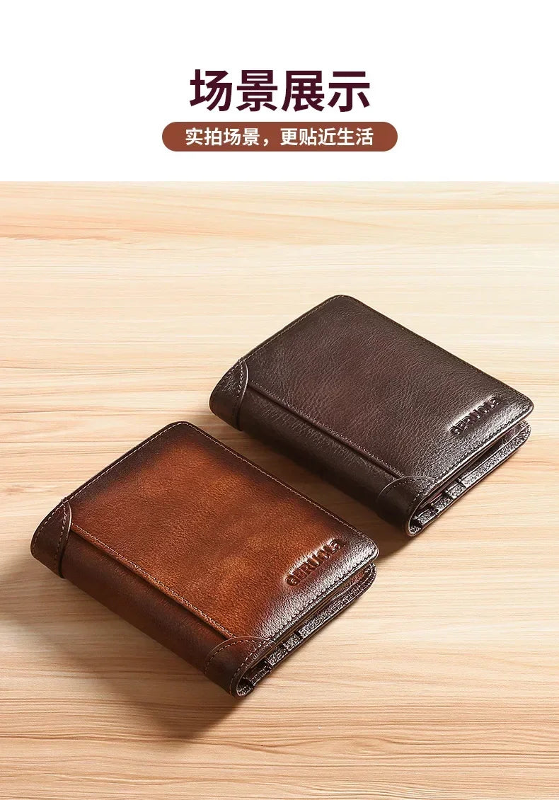 Men Wallet Genuine Leather Rfid Blocking Trifold Wallet Vintage Thin Short Multi Function ID Credit Card Holder Male Purse Money
