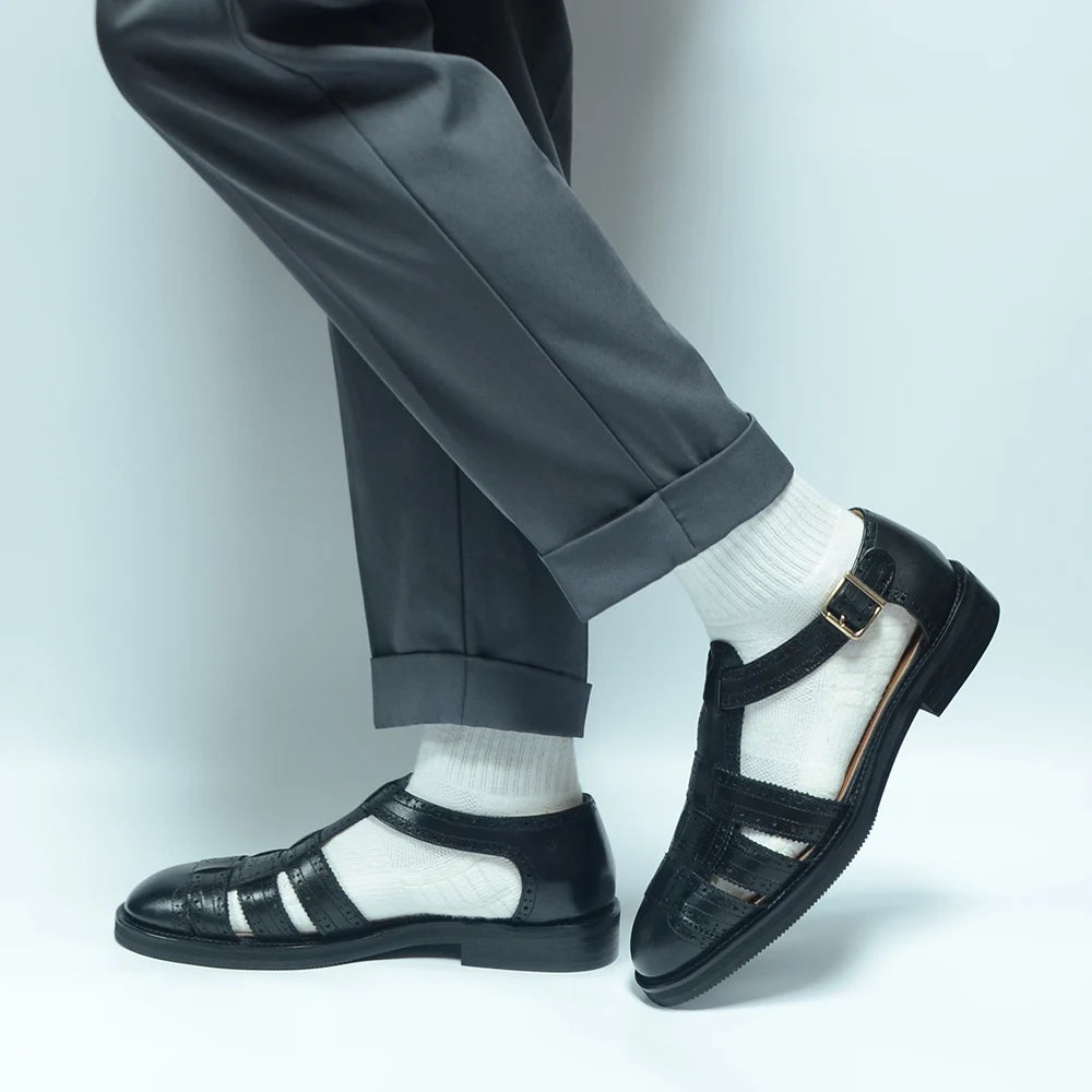 Luxury Designer Men's Summer Sandals Genuine Leather Brogue Carving Man Shoes Formal Events Social Buckle Strap Men Slippers