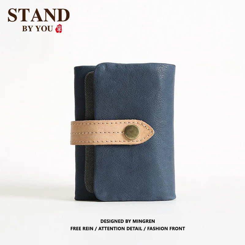 2025 Handmade Wallet Men's Short Leather Triple Fold Money Clip Cowhide Youth Buckle Student Vertical Vegetable Tanned Leather