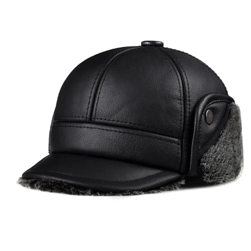 Genuine Cowhide Leather Faux Fur Caps Dad Warm Winter Hat For Men Velvet Flat-top Duck Tongue Ear Protection Outdoor Bomber Gorr