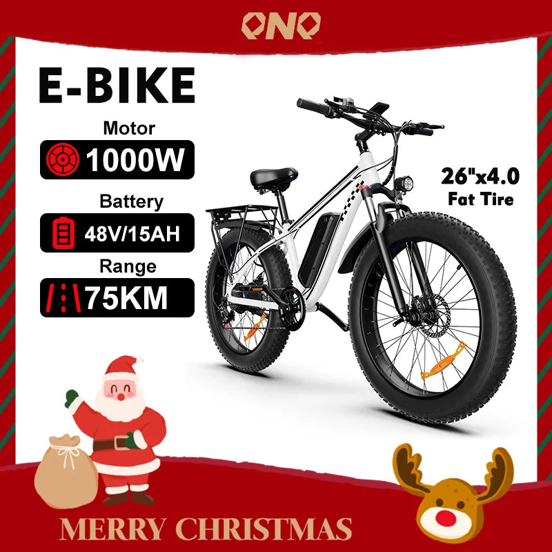 QNQ Electric Bicycle 1500W Motor 48V Lithium Battery Electric Bike Hydraulic Brake 26*4 Inch Fat Tire Snow E-bike