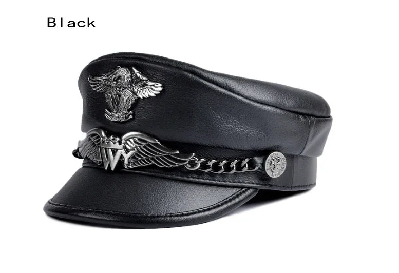 Unisex German Military Cap Man Genuine Leather Flat Top Hat Korean Fashion Eagle Mark Chain Punk Locomotive Casquette Male