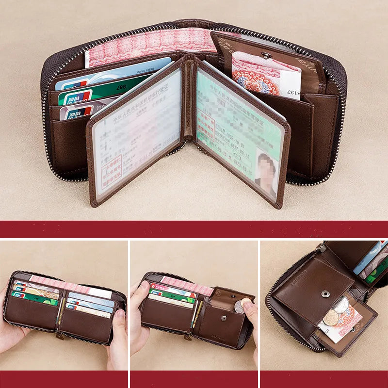 Fashion Genuine Leather Wallet For Men Zipper Complete Closure Wallet Driving License Credit Card Holder Coin Bag Men's Wallet