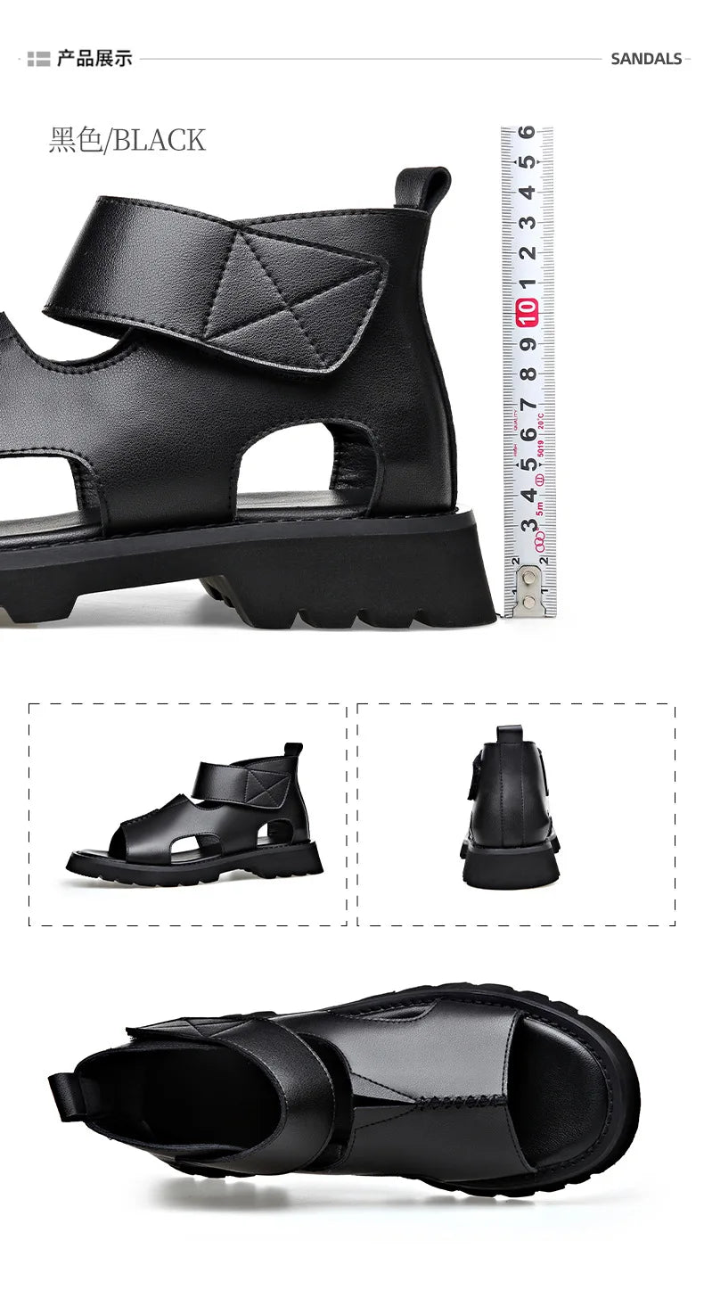 Cow Leather Sandals for Men 2025 Summer New Designer Big Size Increase Roman Beach Shoes Male Fashion Casual Black Sandals Man