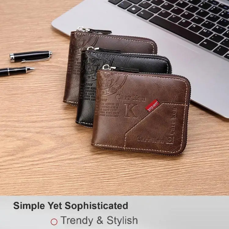 Men’s PU Waxed Oil Leather Wallet – Short Bifold Coin Purse with All-Around Zipper for Cash & Cards