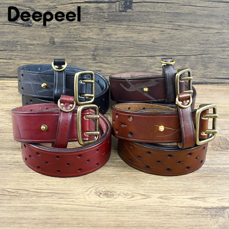 Pure Cowhide 3.8cm Wide Genuine Leather Belt for Men Double Pin Buckle Male Jeans Belts Top Quality Luxury Gift Waistband