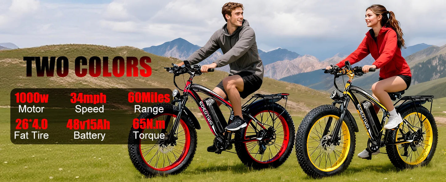 1500W Fat Tire Electric Bike for Adults 26"x4.0 All Terrain Ebike 34MPH Fast Mountain E-Bike 48V Long Range Snow Beach Bicycle