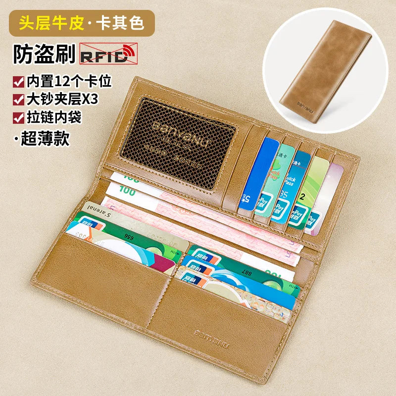 Banyanu Leather Factory Wallet Men's Long Leather Ultra Thin Anti theft Brushed Leather Wallet with Zipper Leather Wallet