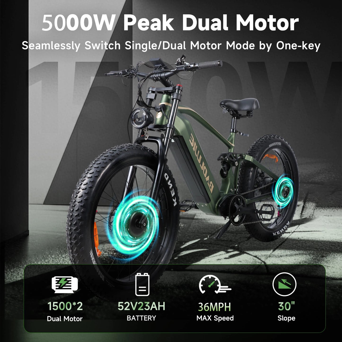 BAOLUJIE 1200W/5000W Ebike Mountain Ebike Fat Tire 48V/52V Battery Electric Bicycle Max 38MPH Electric Bike for Adults Off-road