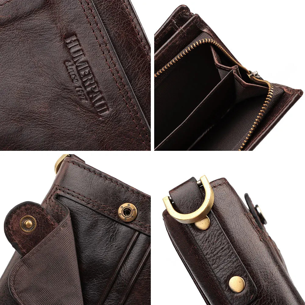 Real Leather Wallet for Men RFID Blocking Credit Card Holder Purse Male Short Bifold Zipper Coin Pocket with Anti-Theft Chain