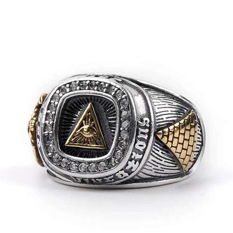 Retro Golden Eye of Providence Large Ring For Men Punk Gothic Open Ring Handmade Jewelry Rock Hiphop Biker Accessories Man Gift