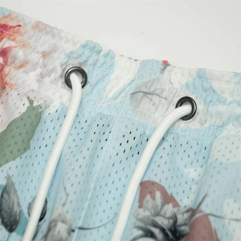 Summer New men short pant Rose Design Casual Shorts Street Hip Hop Fitness Polyester Fast Dry Breathable Embroidery Men Shorts