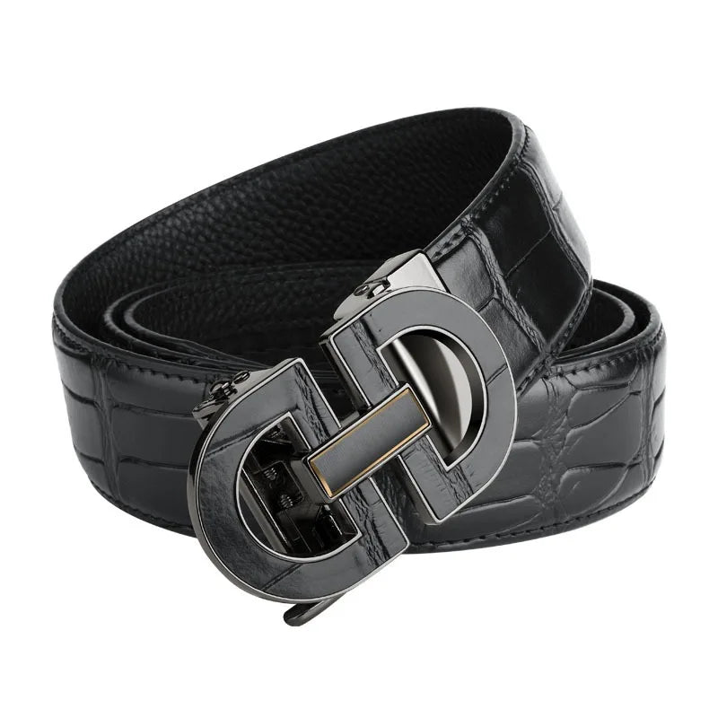 Men's Sleek Automatic Buckle Belt - Genuine FauxwithTextured Square Pattern, Black, Simple & Stylish DesignforCasual Attire