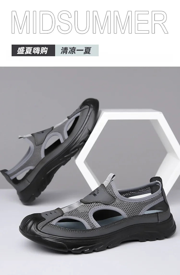 2025 Summer Beach Sandals for Men New Hollow Men's Sandals Outdoor Breathable Mens Bag Head Mesh Casual Shoes Zapatillas Hombre