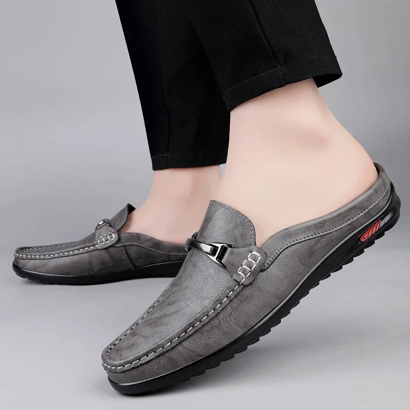Men Casual Summer Shoes Hollow Out Men's Driving Shoes High Quality Male Business Shoes Half Slippers Genuine Leather Loafers