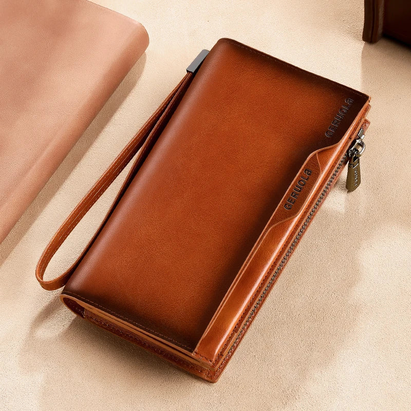 New Men's Genuine Leather Wallet Long Cowhide Handbag Travel Lightweight Minimalist Large Capacity Anti-Theft Gradient Yellow Br