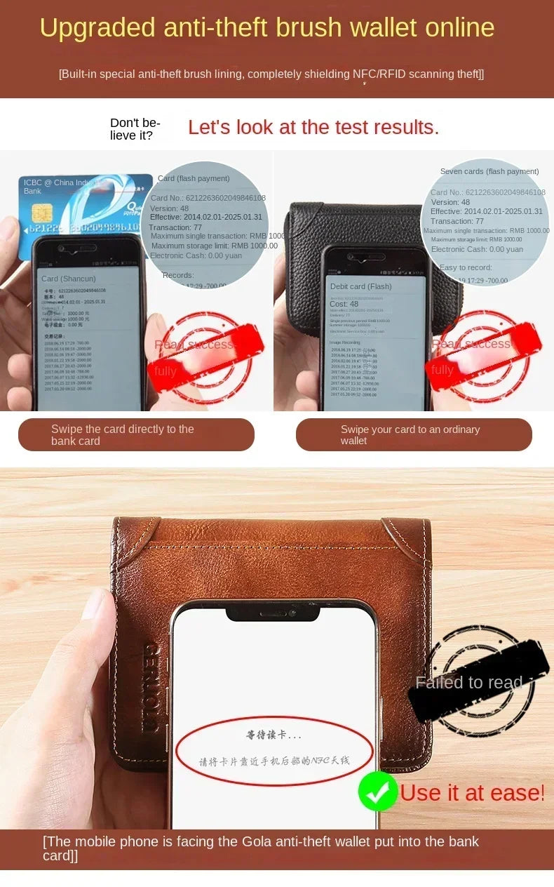 Men Wallet Genuine Leather Rfid Blocking Trifold Wallet Vintage Thin Short Multi Function ID Credit Card Holder Male Purse Money