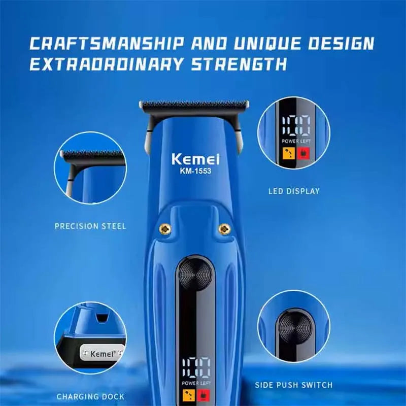 Kemei KM-1553 High Quality Men's Adult Cordless Hair Clipper with LED Display Barber Clipper Salon USB Charging Wet & Dry
