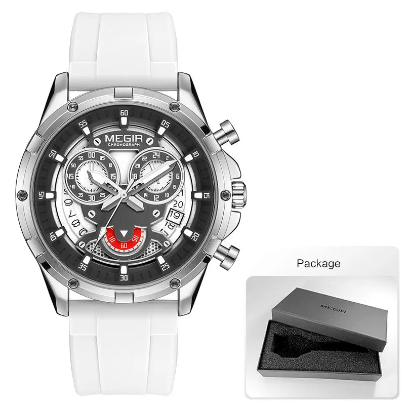 MEGIR New Sport Watches for Men Fashion Chronograph Quartz Wristwatch with Silicone Strap Luminous Hands Calendar Waterproof