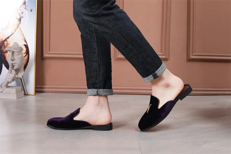 Fashion New Men Velvet Tassels Half Slippers Loafer Male Casual Purple Green Blue Black Mules Moccasins Breathable Driving Shoes