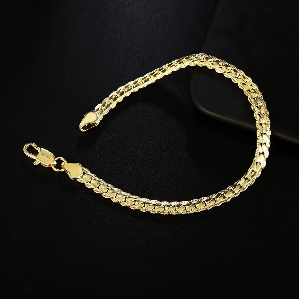 18K Gold 925 Sterling Silver Bracelets For Men Women Simple 5mm 20cm Flat Side Chain Bracelet Unisex Charm Jewelry Gifts