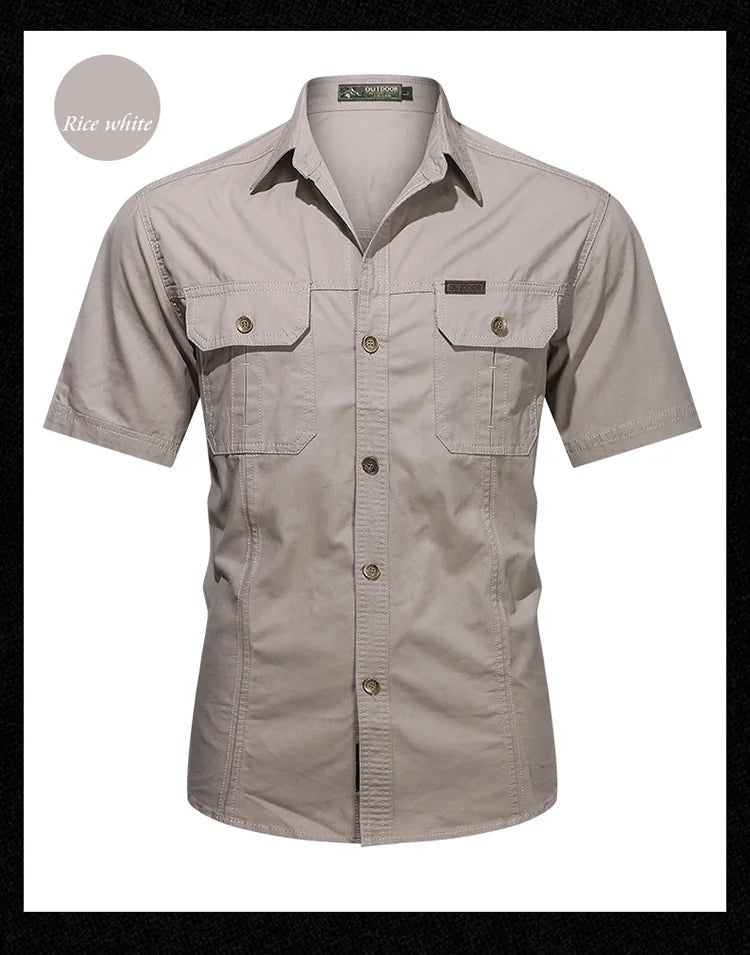 Summer men's thin short sleeved shirts, men's outdoor work clothes, multi bag half sleeved tops, pure cotton washed shirts