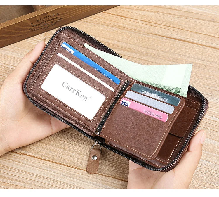 Men's Wallet Made of Leather Wax Oil Skin Purse for Men Coin Purse Short Male Card Holder Wallets Zipper Around Money Bag