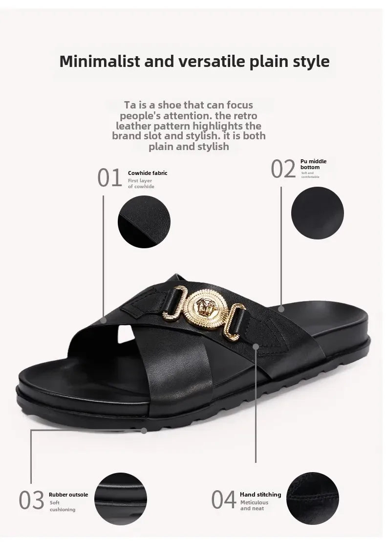 Trendy Versatile Men's Slippers Soft Sole One-Piece Genuine Leather Beach Shoes Cross Strap Casual Shoes Summer 2024