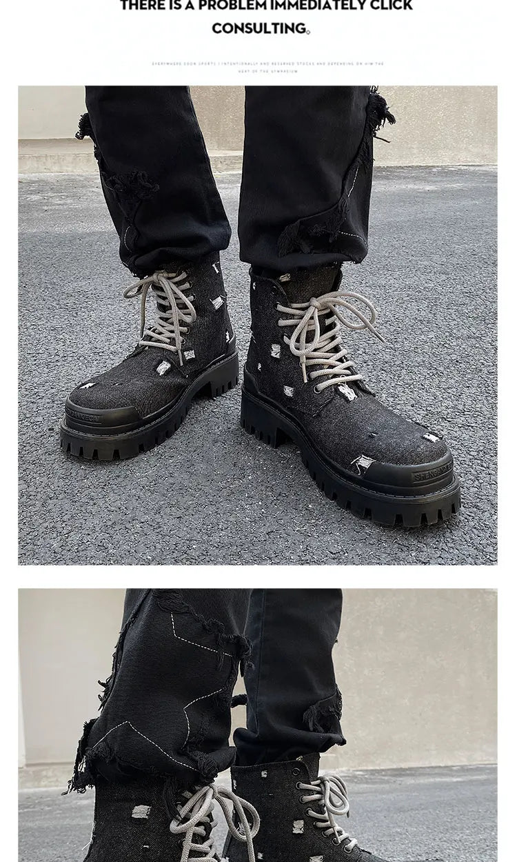 Mating boots for men new design black washed denim canvas short boots distressed style thick soled shoes Street Style