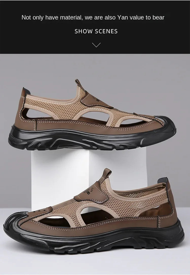 2025 Summer Beach Sandals for Men New Hollow Men's Sandals Outdoor Breathable Mens Bag Head Mesh Casual Shoes Zapatillas Hombre